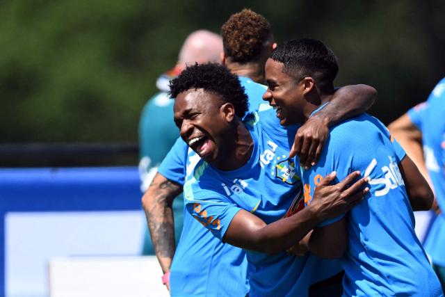 Brazil's forward #07 Vinicius Junior (L) and Brazil's forward #19 Endrick share a laugh during a training session at the Columbia Park Training Facility in Morristown, New Jersey on July 2, 2026, during the 2026 World Cup football tournament. (Photo by MAURO PIMENTEL / AFP)