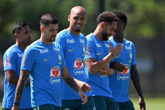 Brazil's midfielder #08 Bruno Guimaraes (front L) and, Brazil's midfielder #17 Fabinho (C) take part in a training session at the Columbia Park Training Facility in Morristown, New Jersey on July 2, 2026, during the 2026 World Cup football tournament. (Photo by MAURO PIMENTEL / AFP)
