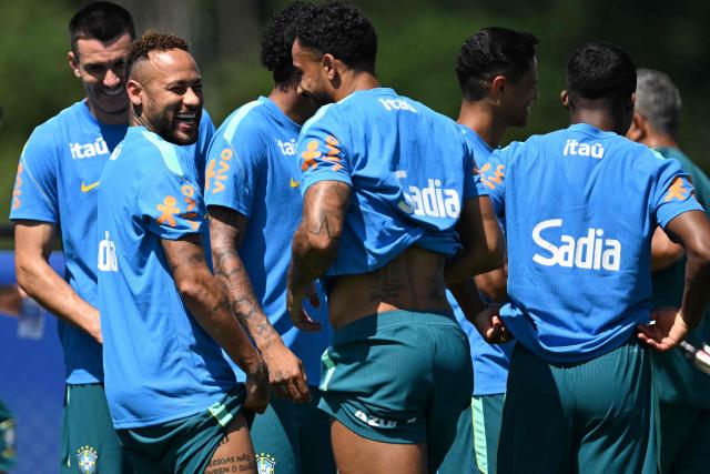 Brazil's forward #10 Neymar (2ndL) laughs during a training session at the Columbia Park Training Facility in Morristown, New Jersey on July 2, 2026, during the 2026 World Cup football tournament. (Photo by MAURO PIMENTEL / AFP)