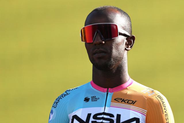 NSN Cycling Team's Eritrean rider Biniam Girmay attends the team presentation ceremony ahead of the 113th edition of the Tour de France cycling race, with the Sagrada Familia Basilica  seen in the background, in Barcelona, northeastern Spain, on July 2, 2026. (Photo by Anne-Christine POUJOULAT / AFP)