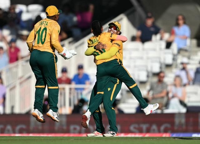 South Africa's Shabnim Ismail celebrates taking the wicket of England's Alice Capsey for one run during the ICC Women's Twenty20 (T20) cricket world cup 2026 semi-final game between England and South Africa, at The Oval in London on July 2, 2026. (Photo by JUSTIN TALLIS / AFP)