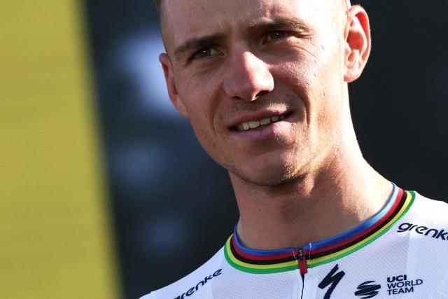 Red Bull - BORA - hansgrohe team's Belgian rider Remco Evenepoel attends the team presentation ceremony ahead of the 113th edition of the Tour de France cycling race, in Barcelona, northeastern Spain, on July 2, 2026. (Photo by Anne-Christine POUJOULAT / AFP)