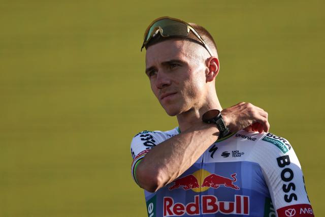 Red Bull - BORA - hansgrohe team's Belgian rider Remco Evenepoel attends the team presentation ceremony ahead of the 113th edition of the Tour de France cycling race, in Barcelona, northeastern Spain, on July 2, 2026. (Photo by Anne-Christine POUJOULAT / AFP)
