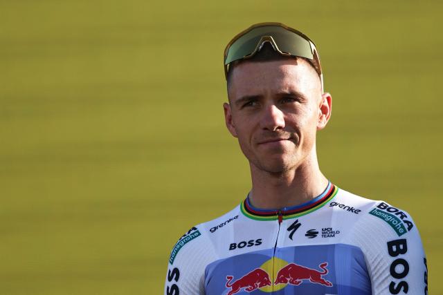 Red Bull - BORA - hansgrohe team's Belgian rider Remco Evenepoel attends the team presentation ceremony ahead of the 113th edition of the Tour de France cycling race, in Barcelona, northeastern Spain, on July 2, 2026. (Photo by Anne-Christine POUJOULAT / AFP)