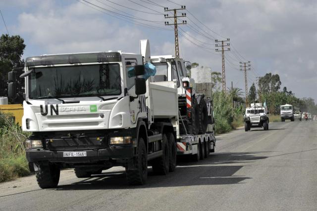A United Nations Peacekeeping Force in Lebanon (UNIFIL) convoy drives through the southern Lebanese area of Al-Mansouri on July 2, 2026. Lebanese President Joseph Aoun defended on July 2 negotiations with Israel, saying they were not a betrayal and he would not surrender "a single inch of Lebanon's territory", according to the presidency. (Photo by Kawnat HAJU / AFP)