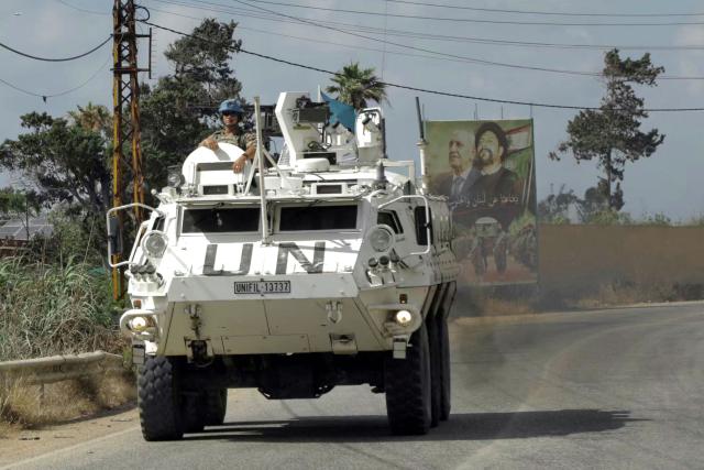 Members of United Nations Peacekeeping Force in Lebanon (UNIFIL) drive through the southern Lebanese area of Al-Mansouri on July 2, 2026. Lebanese President Joseph Aoun defended on July 2 negotiations with Israel, saying they were not a betrayal and he would not surrender "a single inch of Lebanon's territory", according to the presidency. (Photo by Kawnat HAJU / AFP)