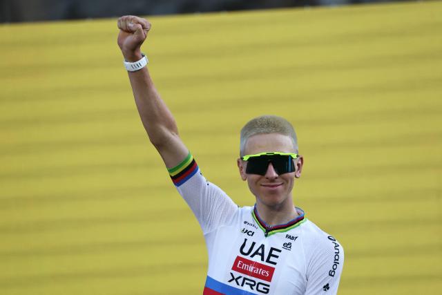 UAE Team Emirates - XRG's Slovenian rider Tadej Pogacar attends the team presentation ceremony ahead of the 113th edition of the Tour de France cycling race, in Barcelona, northeastern Spain, on July 2, 2026. (Photo by Anne-Christine POUJOULAT / AFP)