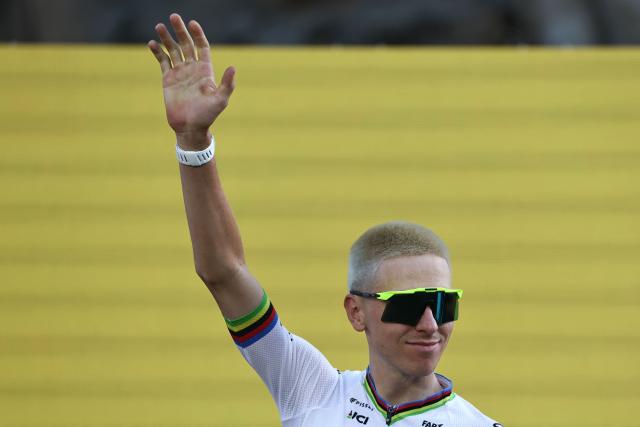UAE Team Emirates - XRG's Slovenian rider Tadej Pogacar attends the team presentation ceremony ahead of the 113th edition of the Tour de France cycling race, in Barcelona, northeastern Spain, on July 2, 2026. (Photo by Anne-Christine POUJOULAT / AFP)