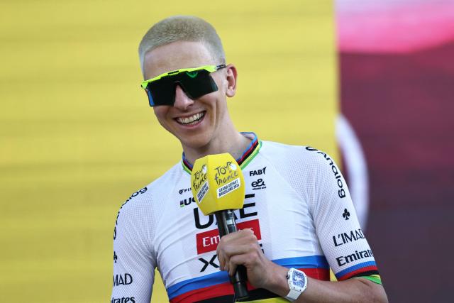 UAE Team Emirates - XRG's Slovenian rider Tadej Pogacar attends the team presentation ceremony ahead of the 113th edition of the Tour de France cycling race, in Barcelona, northeastern Spain, on July 2, 2026. (Photo by Anne-Christine POUJOULAT / AFP)