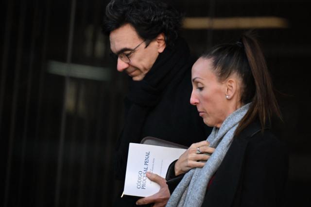 Argentine football legend Diego Maradona's Psychiatrist Agustina Cosachov (R) and her lawyer Vadim Mischanchuk (L), leave at the court after a trial hearing on his's death in San Isidro, Buenos Aires province, Argentina on July 2, 2026. (Photo by Luis ROBAYO / AFP)