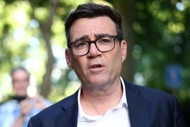 Labour MP and challenger for Leader of the Labour party, Andy Burnham, reacts as he leaves from Millbank studios in Westminster, central London, on July 2, 2026, after giving an interview. (Photo by Toby Shepheard / AFP)