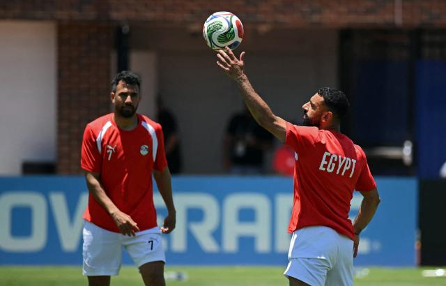 Egypt's forward #7 Mahmoud Trezeguet and Egypt's forward #10 Mohamed Salah (R) take part in a training session in Dallas, on July 2, 2026, ahead of their match against Australia, during the 2026 World Cup football tournament. (Photo by Paul ELLIS / AFP)