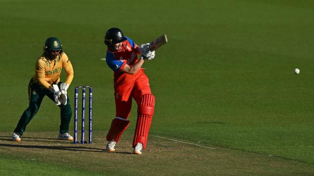 England's captain Nat Sciver-Brunt plays a shot for four runs during the ICC Women's Twenty20 (T20) cricket world cup 2026 semi-final game between England and South Africa, at The Oval in London on July 2, 2026. (Photo by JUSTIN TALLIS / AFP)