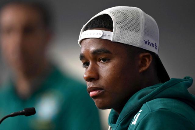 Brazil's forward #19 Endrick gives a press conference at The Ridge hotel in Basking Ridge, New Jersey on July 2, 2026, during the 2026 World Cup football tournament. (Photo by MAURO PIMENTEL / AFP)