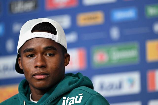Brazil's forward #19 Endrick gives a press conference at The Ridge hotel in Basking Ridge, New Jersey on July 2, 2026, during the 2026 World Cup football tournament. (Photo by MAURO PIMENTEL / AFP)