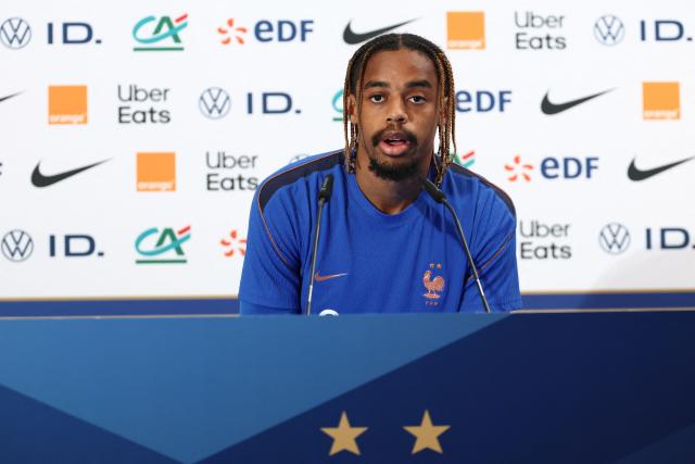 France's forward #12 Bradley Barcola gives a press conference at Bentley University in Boston on July 2, 2026, ahead of France's 2026 World Cup football tournament round of 16 football match against Paraguay.  (Photo by FRANCK FIFE / AFP)