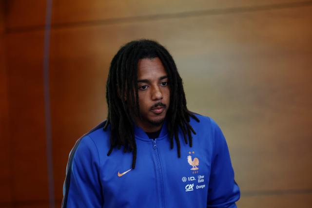 France's defender #05 Jules Kounde gives a press conference at Bentley University in Boston on July 2, 2026, ahead of France's 2026 World Cup football tournament round of 16 football match against Paraguay.  (Photo by FRANCK FIFE / AFP)