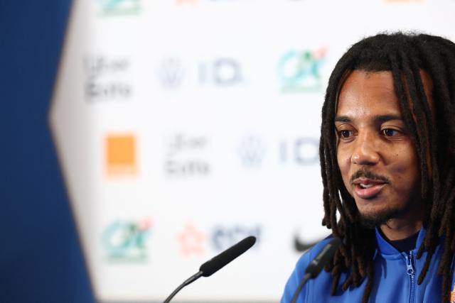 France's defender #05 Jules Kounde gives a press conference at Bentley University in Boston on July 2, 2026, ahead of France's 2026 World Cup tournament round of 16 football match against Paraguay.  (Photo by FRANCK FIFE / AFP)