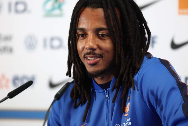 France's defender #05 Jules Kounde gives a press conference at Bentley University in Boston on July 2, 2026, ahead of France's 2026 World Cup tournament round of 16 football match against Paraguay.  (Photo by FRANCK FIFE / AFP)