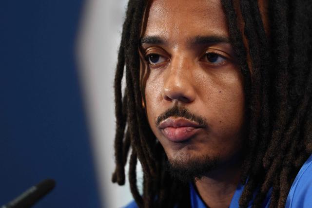 France's defender #05 Jules Kounde gives a press conference at Bentley University in Boston on July 2, 2026, ahead of France's 2026 World Cup football tournament round of 16 football match against Paraguay.  (Photo by FRANCK FIFE / AFP)