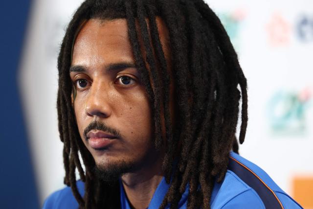 France's defender #05 Jules Kounde gives a press conference at Bentley University in Boston on July 2, 2026, ahead of France's 2026 World Cup football tournament round of 16 football match against Paraguay.  (Photo by FRANCK FIFE / AFP)