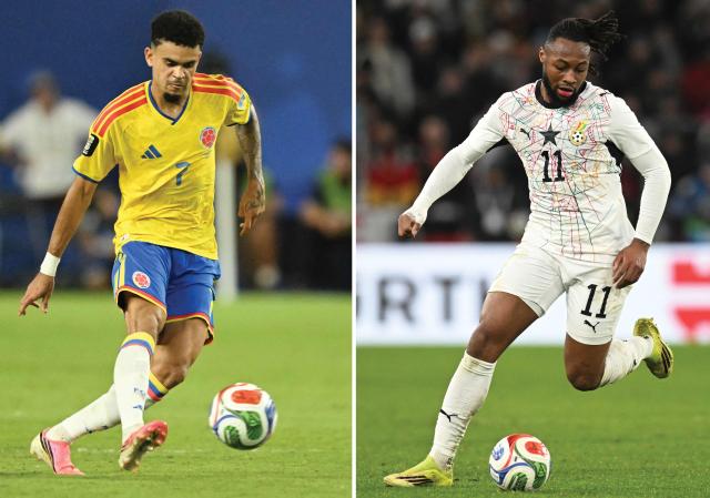 (COMBO) This combination of file photos created July 2, 2026, shows Colombia's forward #07 Luis Diaz (L) in Miami Gardens on June 27, 2026; and Ghana's forward #11 Antoine Semenyo in Stuttgart, Germany on March 30, 2026. Colombia and Ghana will meet in a 2026 World Cup round of 32 football match in Kansas City on July 3, 2026. (Photo by Thomas Kienzle and Roberto SCHMIDT / AFP)