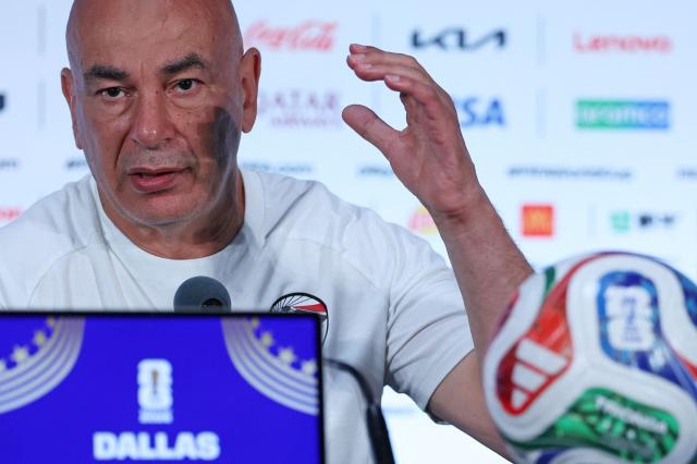 Egypt's head coach Hossam Hassan speaks during a press conference in Dallas, on July 2, 2026, ahead of their match against Australia, during the 2026 World Cup football tournament. (Photo by Thomas COEX / AFP)