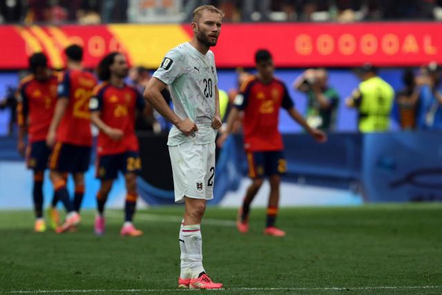 Austria's midfielder #20 Konrad Laimer reacts after conceding Spain's third goal scored by forward #21 Mikel Oyarzabal during the 2026 World Cup round of 32 football match between Spain and Austria at the Los Angeles Stadium in Inglewood on July 2, 2026.  (Photo by Patrick T. Fallon / AFP)