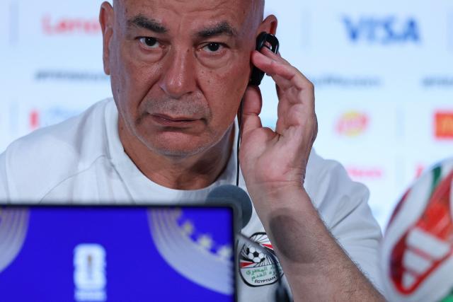 Egypt's head coach Hossam Hassan speaks during a press conference in Dallas, on July 2, 2026, ahead of their match against Australia, during the 2026 World Cup football tournament. (Photo by Thomas COEX / AFP)