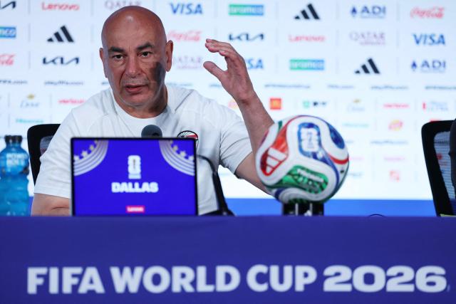 Egypt's head coach Hossam Hassan speaks during a press conference in Dallas, on July 2, 2026, ahead of their match against Australia, during the 2026 World Cup football tournament. (Photo by Thomas COEX / AFP)