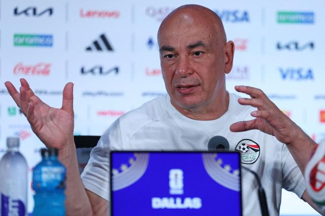 Egypt's head coach Hossam Hassan speaks during a press conference in Dallas, on July 2, 2026, ahead of their match against Australia, during the 2026 World Cup football tournament. (Photo by Thomas COEX / AFP)