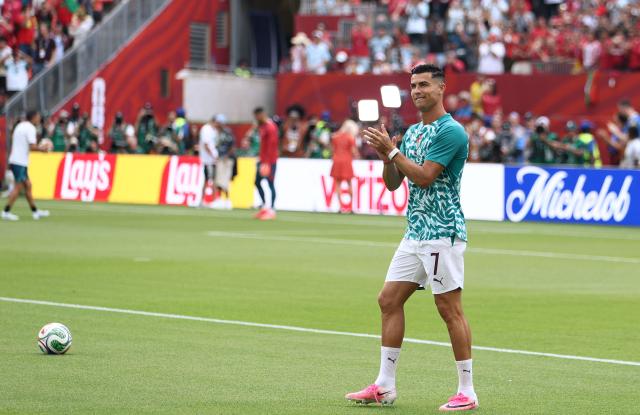 Portugal's forward #07 Cristiano Ronaldo warms up ahead of the 2026 World Cup round of 32 football match between Portugal and Croatia at the Toronto Stadium in Toronto on July 2, 2026.  (Photo by Cole Burston / AFP)
