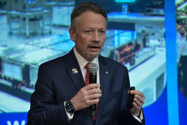 Volkswagen Chief Executive Officer Ciro Possobom speaks during a visit by German Foreign Minister Johann Wadephul to the Volkswagen plant in Sao Bernardo do Campo, Sao Paulo state, Brazil, on July 2, 2026. (Photo by Nelson ALMEIDA / AFP)