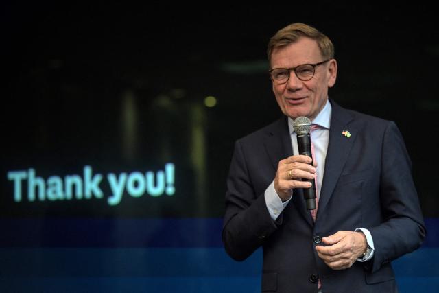German Foreign Minister Johann Wadephul speaks during a visit to the Volkswagen plant in Sao Bernardo do Campo, Sao Paulo state, Brazil, on July 2, 2026. (Photo by Nelson ALMEIDA / AFP)