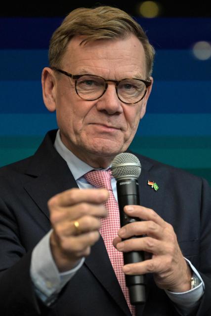 German Foreign Minister Johann Wadephul speaks during a visit to the Volkswagen plant in Sao Bernardo do Campo, Sao Paulo state, Brazil, on July 2, 2026. (Photo by Nelson ALMEIDA / AFP)