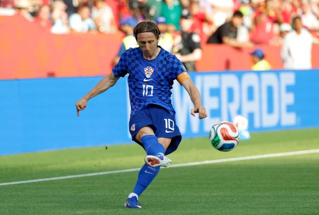 Croatia's midfielder #10 Luka Modric kicks the ball during the 2026 World Cup round of 32 football match between Portugal and Croatia at the Toronto Stadium in Toronto on July 2, 2026.  (Photo by Kamil Krzaczynski / AFP)