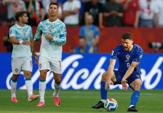 Croatia's midfielder #08 Mateo Kovacic reacts during the 2026 World Cup round of 32 football match between Portugal and Croatia at the Toronto Stadium in Toronto on July 2, 2026.  (Photo by Kamil Krzaczynski / AFP)