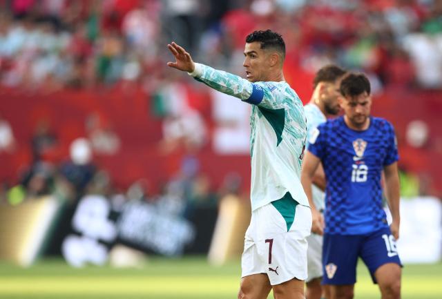 Portugal's forward #07 Cristiano Ronaldo reacts during the 2026 World Cup round of 32 football match between Portugal and Croatia at the Toronto Stadium in Toronto on July 2, 2026.  (Photo by Cole Burston / AFP)