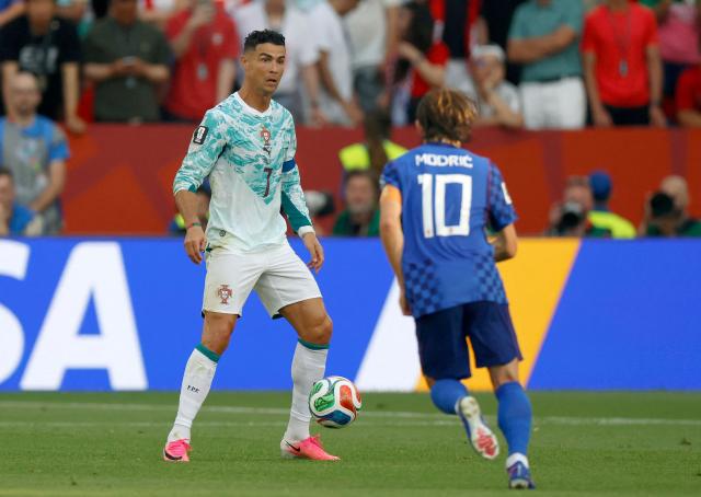 Portugal's forward #07 Cristiano Ronaldo and Croatia's midfielder #10 Luka Modric fight for the ball during the 2026 World Cup round of 32 football match between Portugal and Croatia at the Toronto Stadium in Toronto on July 2, 2026.  (Photo by Kamil Krzaczynski / AFP)