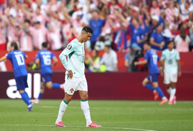 Portugal's forward #07 Cristiano Ronaldo reacts after his team conceded the first goal during the 2026 World Cup round of 32 football match between Portugal and Croatia at the Toronto Stadium in Toronto on July 2, 2026.  (Photo by Cole Burston / AFP)