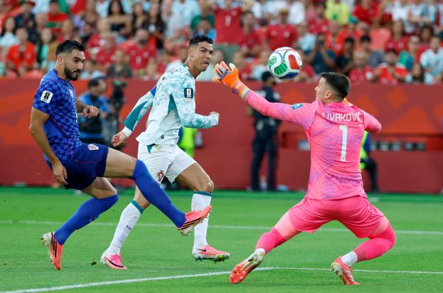 Portugal's forward #07 Cristiano Ronaldo (C) scores a goal later disallowed by offside during the 2026 World Cup round of 32 football match between Portugal and Croatia at the Toronto Stadium in Toronto on July 2, 2026.  (Photo by Kamil Krzaczynski / AFP)