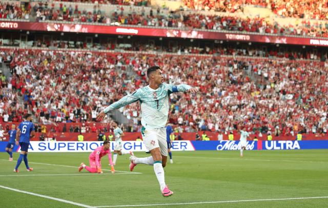 Portugal's forward #07 Cristiano Ronaldo celebrates after scoring a goal later disallowed by offside during the 2026 World Cup round of 32 football match between Portugal and Croatia at the Toronto Stadium in Toronto on July 2, 2026.  (Photo by Cole Burston / AFP)