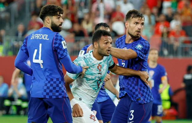 Portugal's forward #09 Goncalo Ramos (C) reacts after scoring his team's second goal during the 2026 World Cup round of 32 football match between Portugal and Croatia at the Toronto Stadium in Toronto on July 2, 2026.  (Photo by Kamil Krzaczynski / AFP)