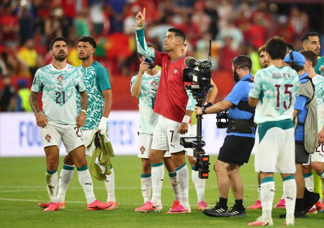 Portugal's forward #07 Cristiano Ronaldo reacts after winning the 2026 World Cup round of 32 football match between Portugal and Croatia at the Toronto Stadium in Toronto on July 2, 2026.  (Photo by Cole Burston / AFP)