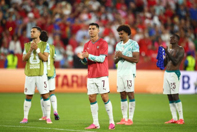 Portugal's forward #07 Cristiano Ronaldo acknowledges the crowd after winning the 2026 World Cup round of 32 football match between Portugal and Croatia at the Toronto Stadium in Toronto on July 2, 2026.  (Photo by Cole Burston / AFP)