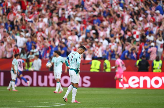 Portugal's forward #07 Cristiano Ronaldo reacts during the 2026 World Cup round of 32 football match between Portugal and Croatia at the Toronto Stadium in Toronto on July 2, 2026.  (Photo by Cole Burston / AFP)