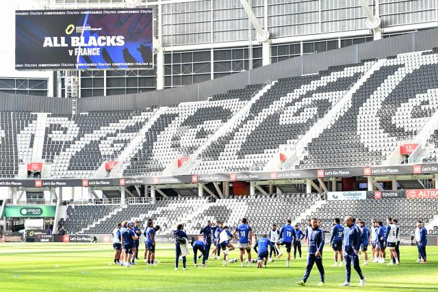 France's players attend a captain's run training session at One New Zealand Stadium in Christchurch on July 3, 2026, ahead of the rugby Nations Championship match against New Zealand. (Photo by Sanka Vidanagama / AFP)