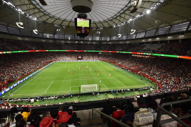 View of the fans and the pitch during the 2026 World Cup round of 32 football match between Switzerland and Algeria at the BC Place Vancouver Stadium in Vancouver on July 2, 2026.  (Photo by Don MacKinnon / AFP)