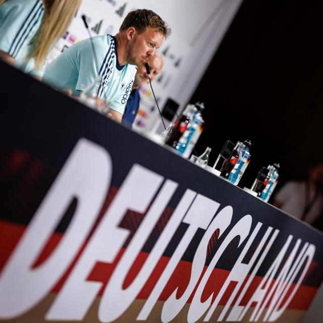 (FILES) Germany's head coach Julian Nagelsmann addresses a press conference on May 27, 2026 in Herzogenaurach, southern Germany, ahead of their pre-World Cup friendly match against Finland. Germany coach Julian Nagelsmann has resigned following his team's shock last-32 exit from the World Cup at the hands of Paraguay, several media reported on July 3, 2026. (Photo by Daniel Karmann / AFP)