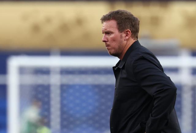 (FILES) Germany's head coach Julian Nagelsmann reacts after losing the penalty shootout during the 2026 World Cup round of 32 football match between Germany and Paraguay at the Boston Stadium in Foxborough on June 29, 2026. Germany coach Julian Nagelsmann has resigned following his team's shock last-32 exit from the World Cup at the hands of Paraguay, several media reported on Juli 3, 2026. Nagelsmann, who was under contract until the 2028 European Championship, has accepted the German Football Federation's (DFB) request for him to step down, Bild and Sky Germany reported. (Photo by FRANCK FIFE / AFP)